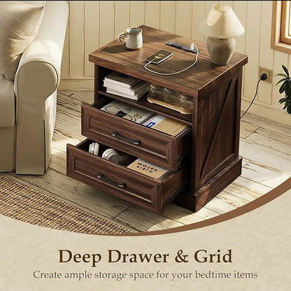 AODK 24 Inch Farmhouse Nightstand with Charging Station, Wood Bedside Table with 2 Drawers, Rustic Wood End Table with Outlet and USB for Bedroom, Dark Walnut