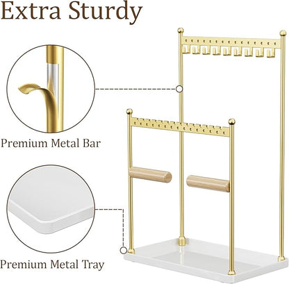 3 Tier Gold Jewelry Stand, Necklace Organizer, Earring Holder with 44 Holes and 9 Hooks, for Necklaces, Bracelets, Rings
