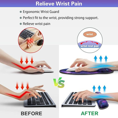 Desk Pad Galaxy, Mouse Pad with Wrist Rest Set, 3-in-1 Wrist Support Mousepad Set, Gaming Mat Pad with Anti-Skid Base,Ergonomic Memory Foam Keyboard Gel Wrist Rest, Office Desk Accessories