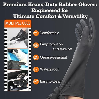 Heavy-Duty Thick Black Rubber Cleaning Gloves, 1 Pair, L | Reusable & waterproof black/orange dual layers. Non-slip design for dishwashing, kitchen cleaning, and auto care.