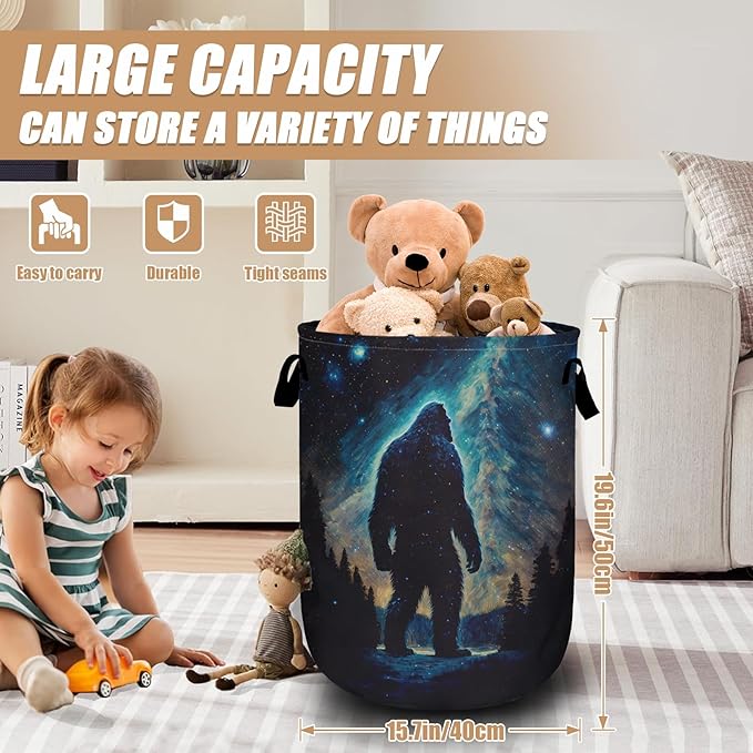 Bigfoot Mountains Laundry Basket, Foldable Waterproof Laundry Hamper Tote Bag Dirty Clothes Storage Bucket Toy Organizer for Bathroom/Laundry/Bedroom 15.7"x19.6"