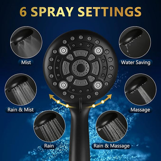 6 Spray Modes High Pressure Handheld Shower Base Upgraded 5 Inches Shower Head with Handheld Spray Matte Black Handheld Shower Head 60 Inches Stainless Steel Hose-Shower Door Bootom Seal Strip