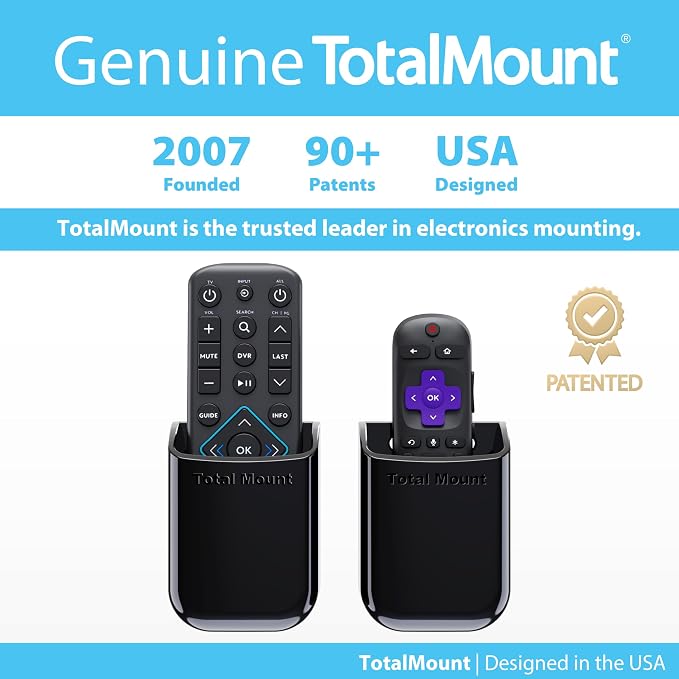 TotalMount Universal Remote Control Holders (2 Pack) – Attach to Wall or Back of TV – Compatible with All TV Remotes (Premium Black, Medium)