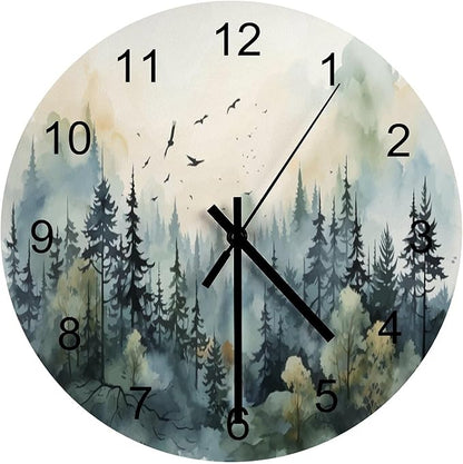 Forest Wall Clock 12 Inch Silent Non Ticking Clock Wooden, Watercolor Style Nature Mountain Woodland Green Forest Flying Birds Wall Clock Battery Operated Kitchen Bedroom Living Room Decor