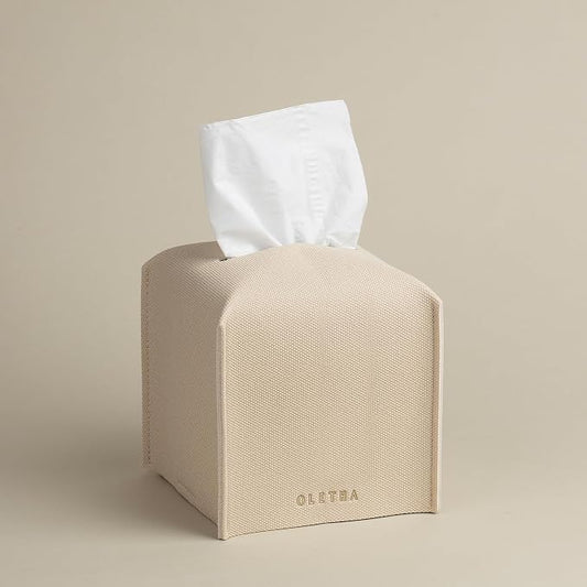 OLETHA Square Tissue Box Cover - Aesthetic Modern Farmhouse Decor for Room, Home & Office - Tissues Cube Boxes Holder - Canvas Grain, Greige