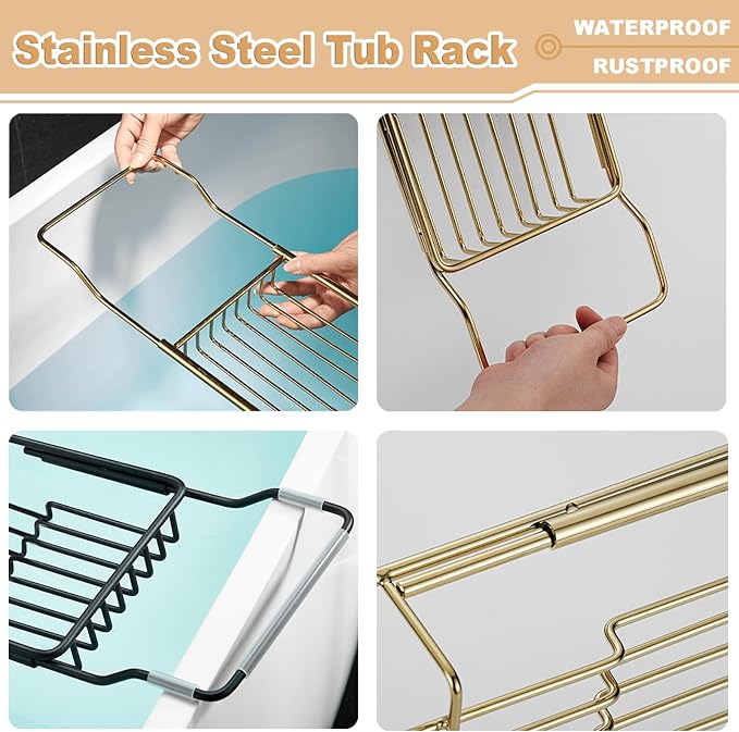 Stainless Steel Bathtub Caddy Tray, Expandable Bathtub Holder Table, Adjustable Bathroom Tray, Bath Organizer Tub Shelf,Gold,26.8~35.4in