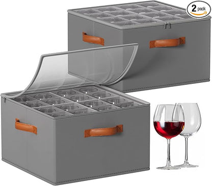 Wine Glass Storage Box with Dividers, 2 Pack Glassware Storage Containers, Stemware Storage Cases Holds 32 Wine Glasses, Stackable Crystal Storage Containers with Clear Cover for Moving，Gray