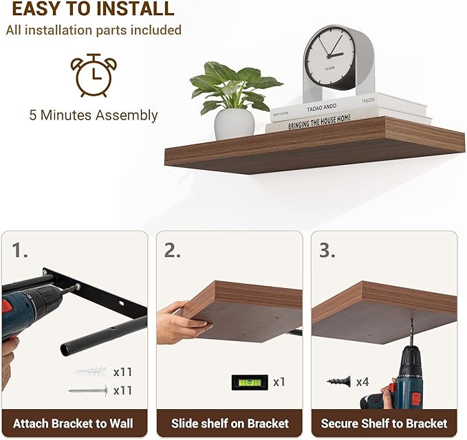 Acovy 48 Inch Floating Shelves, 48"x9.25"x1.5" Inch Deep Floating Shelves for Wall, Wooden Shelves for Bathroom, Bedroom, Living Room, Walnut, 1 Piece