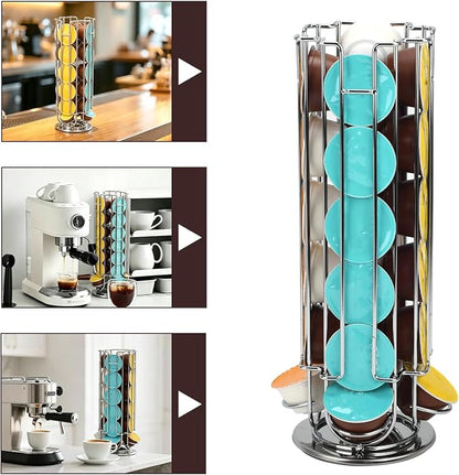 Rotating Coffee Pod Holder for Dolce Gusto Capsules,360° Spinning Coffee Capsule Carousel,48 Pod Capacity Metal Wire Storage Rack,Countertop Coffee Organizer Stand for Kitchen & Office (Silver)