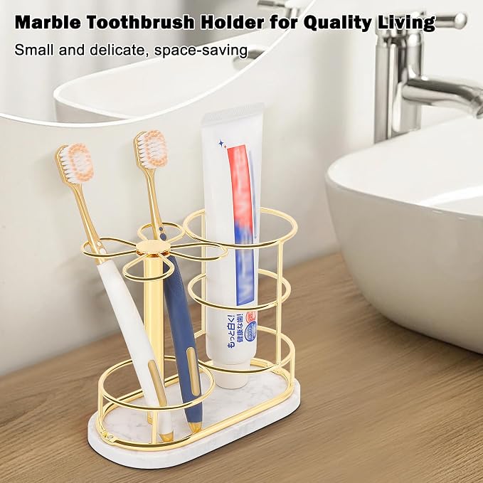 Toothbrush Holder Stand for Bathroom, Metal Toothbrush Organizer with Marble Base, Toothbrush Storage Collection for Family, Suitable for Home Hotel Countertop Vanity (Medium, Gold)