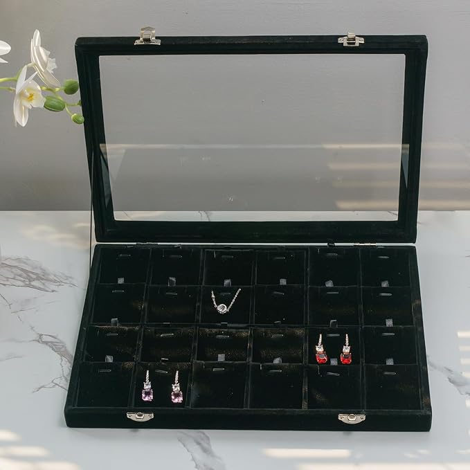 Jewelry Box Necklace Organizer Tray, Black Necklace Display Case Storage Jewelry Necklaces Display Stand 24 Slot Pendant Holder for Women