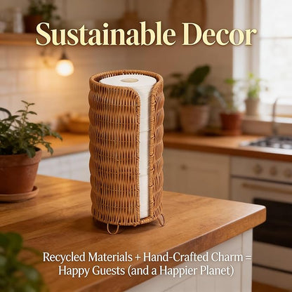 Freestanding Rattan Toilet Paper Holder, Bathroom Storage Organizer Holds 3 Rolls, Space Saving Wicker Toilet Roll Stand for Bathroom Decor