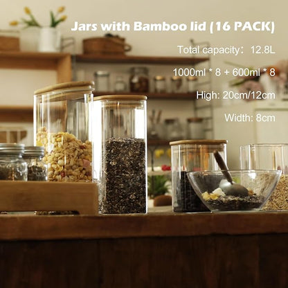 LIBWYS 16-Pack Square Glass Storage Jars with Bamboo Lids (0.6Qt/1.06Qt) - Stackable Food Containers for Pantry Organization, Coffee, Flour, Snacks, Tea | Kitchen Canisters Set