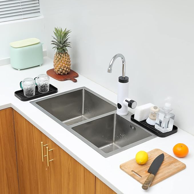 MicoYang Silicone Kitchen Sink Organizer Tray for Multiple Usage,Eco-Friendly Sponges Holder for Kitchen Bathroom Counter or Sink,Dish Soap Dispenser,Scrubber,Bottle,Cup (Black, 10"×5.3")