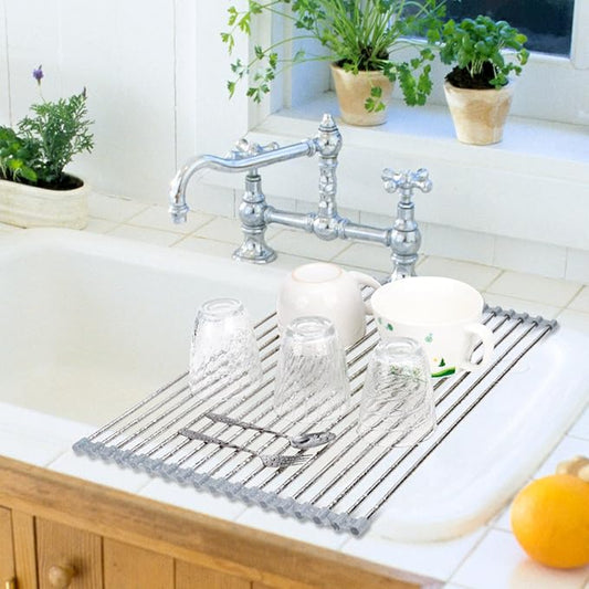 Hhyn Roll Up Dish Drying Rack 20.5"(L) x 13.8"(W) - Stainless Steel and Silicone Dish Drying Mat Over The Sink Foldable Drain Rack Multipurpose Dish Drainer Extra Large, Gray