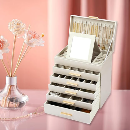 BOOVO Jewelry Box for Women, Gold 6 Layer Large Jewelry Organizer with Glass Lid for Necklace, Bracelet, Earrings, Rings Storage, Jewelry Organizers and Storage for Girls Gift (Champagne, 6 layer)