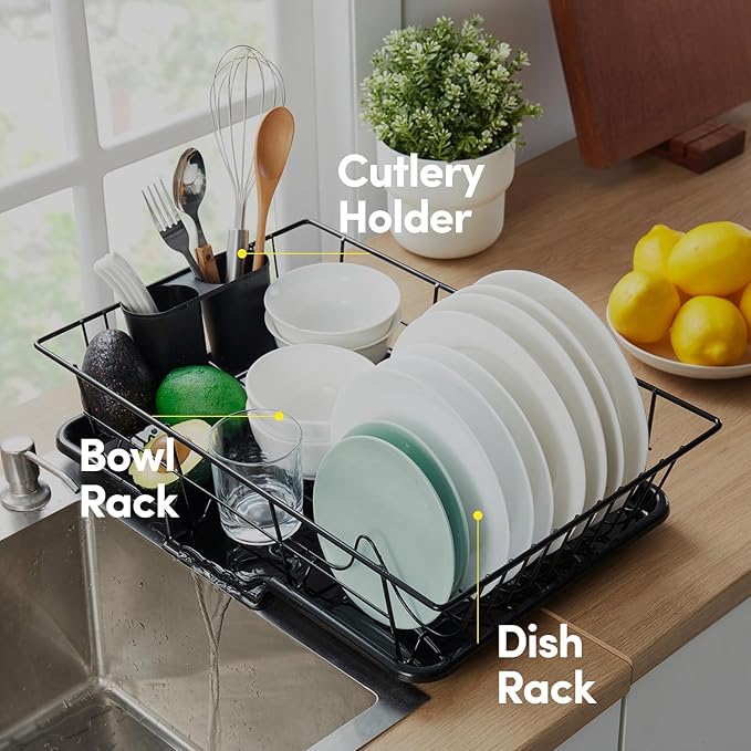 Space-Saving 3-Piece Dish Drainer Rack Set with Cutlery Holder - Maximize Countertop Space, Black