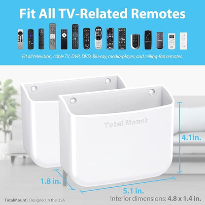 TotalMount Hole-Free Remote Holders – Eliminate Need to Drill Holes in Your Wall (for 2 or 3 Remote Controls – White – Quantity 2)