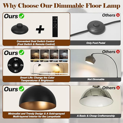 【Upgraded】Black Arc Floor Lamps for Living Room - Dimmable Arched Floor Lamp with Remote Control & 2700-6000K 9W LED Bulb Included, Modern Arch Standing lamp, Industrial Tall Lamp for Bedroom Reading