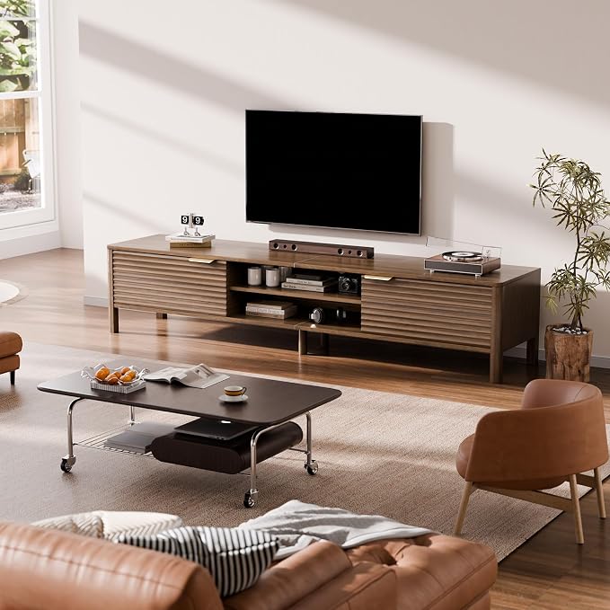 IKALIFE TV Stand for Living Room - up to 80 Inch TVs Mid Century Modern Entertainment Center with Storage and Adjustable Shelves, Media Console Table Walnut 70"
