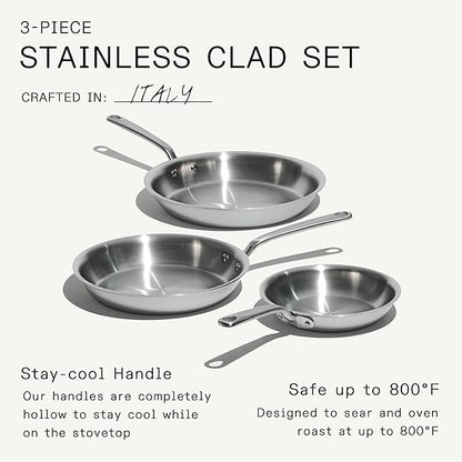 Made In Cookware - 3-Piece (Includes 8",10",12") Stainless Frying Pan Set - 5 Ply Stainless Clad - Professional Cookware - Crafted in Italy - Induction Compatible