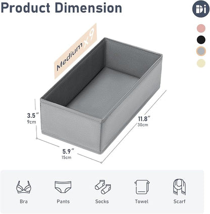 DIMJ Drawer Organizer Clothes - Underwear Organizer Small Sock Organizer Closet Organizers and Storage Box Dresser Drawer Dividers for Baby Clothes,Bra,Socks, Belt, Tie, Set of 9,Grey