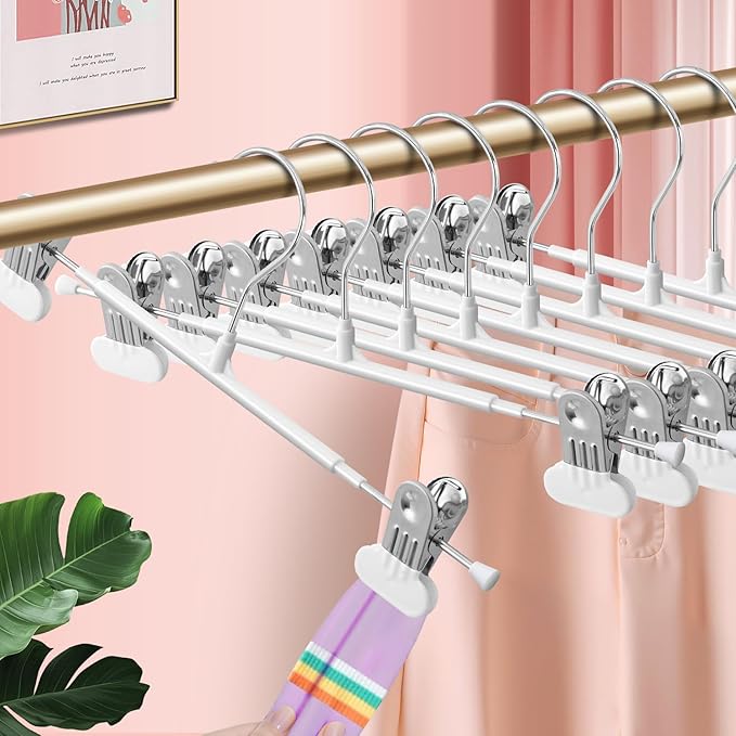 14Inch Clothes Pants Hangers with WideClips 10 Pack,Non-Slip Adjustable Skirt Hanger for Women,Space-Saving Heavy Duty Men Hangers for Pants,Trousers,Jeans,Shorts,White