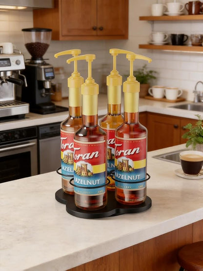 THYGIFTREE Rotating Coffee Syrup Organizer 4 Bottles Syrup Rack Dispenser16.9oz for Countertop Wood Bottle Holder Stand for Coffee Bar Station, Black