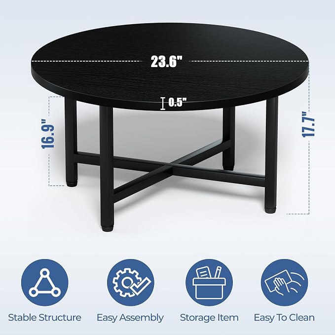 Coffee Table, 23.6" Small Coffee Tables, Black Round Coffee Tables for Living Room, Floor Table for Sitting on The Floor, Center Coffee Table with Metal Frame for Office Apartment Home