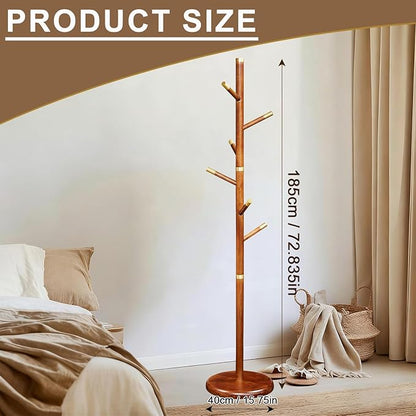 Solid Wooden Coat Rack Stand, Coat Racks Freestanding with 6 Hooks, Natural Birch Wood Coat stands with Sturdy Round Base, Tree Coat Hanger Standing for Entryway Bedroom Office (Tree Design2)