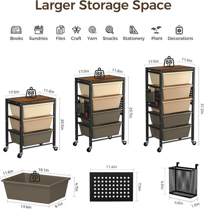 Rolling Cart with 5 Drawers, Plastic Drawer Storage Carts with Wheels & Wooden Tabletop, Metal Utility Cart with Pegboards, Office Living Room Classroom Craft Organization and Storage, Dark Brown