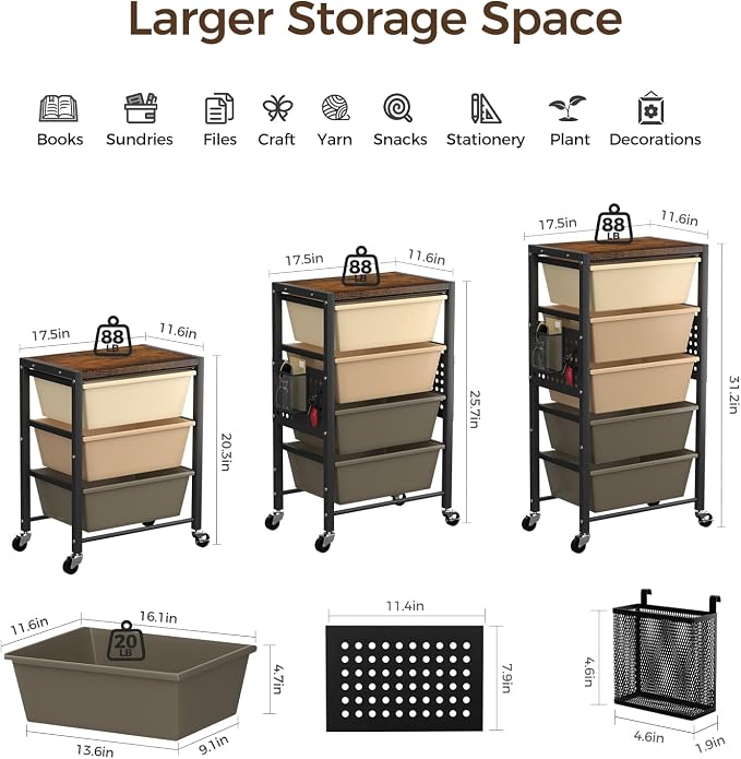 Rolling Cart with 4 Drawers, Plastic Drawer Storage Carts with Wheels & Wooden Tabletop, Metal Utility Cart with Pegboards, Office Living Room Classroom Craft Organization and Storage, Dark Brown