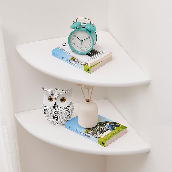 Conamily Corner Shelves, White Floating Corner Shelf, Set of 2 12inch Solid Oak Wood Wall Shelves, Round End Wall Mount with Wire Hole for Small Plant for Bedroom Kitchen, Living Room