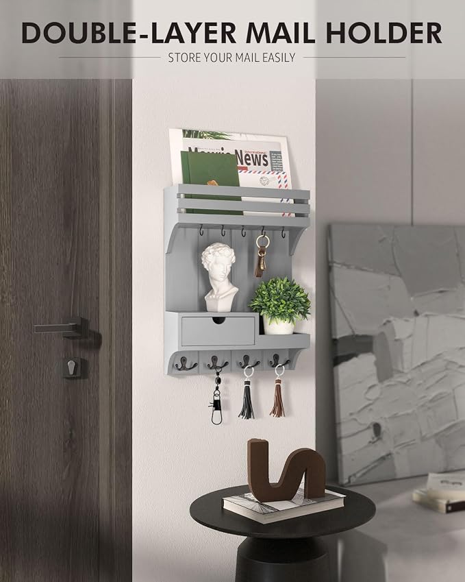 Rebee Vision Decorative Key Holder Wall Mount with Small Drawer Organizer - Modern Mail Organizer with 9 Key Hooks and Wall Shelf for Home Decor - Stylish Apartment Essentials (Gray)