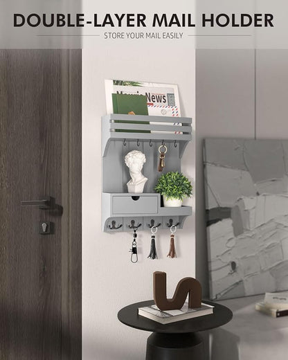Rebee Vision Decorative Key Holder Wall Mount with Small Drawer Organizer - Modern Mail Organizer with 9 Key Hooks and Wall Shelf for Home Decor - Stylish Apartment Essentials (Gray)