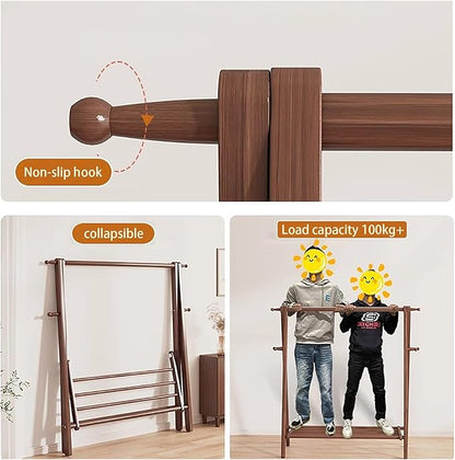 AETVRNI Wood Clothing Rack Coat Rack,Large Foldable Hanging Clothes,Stand Garment Rack with Storage Shelf,Clothing Storage,Home Organization,Natural Beech,for Bedroom Small Apartment Guest Room Laundr