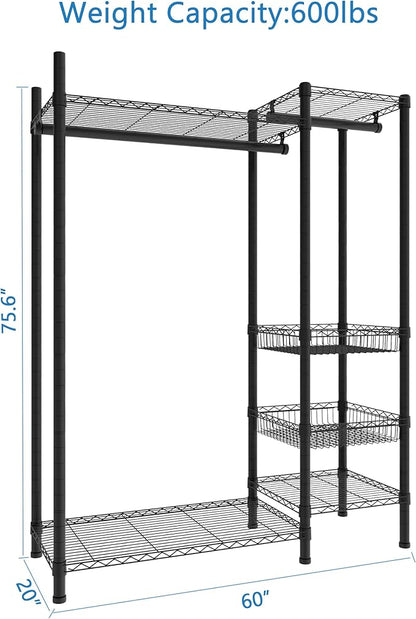 Xiofio 6 Tiers Heavy Duty Clothes Rack,Metal Clothing Rack, Adjustable Clothing Rack with Hanging Rod and Wire Fixing Baskets,Max Load 600LBS,Black
