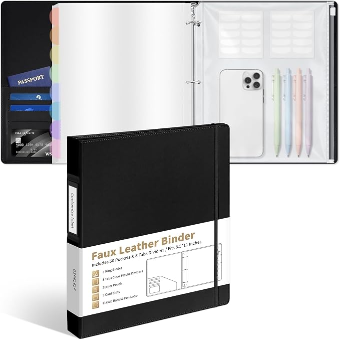 Ospelelf Leather Binder with 58 Plastic Sleeves, 3 Ring Presentation Binder for 8.5x11, Portfolio Organizer with 8 Tabbed Sleeves & Zipper Pocket for Documeents, Artwork, Certificates Black