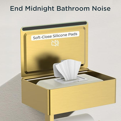 FORIOUS Toilet Paper Holder with Shelf, Sanitary Napkin Receptacle Tampon Holder, Wall Mount Toilet Paper Holder with Storage, Flushable Wipes Dispenser Fits for Bathroom Commercial(1, Brushed Gold)