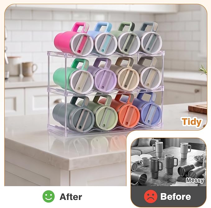 Large Compartment Water Bottle Organizer, Stackable Water Bottle Holder for Stanley 40 oz Tumbler, Clear Tumbler Organizer for Cabinet, Kitchen Pantry or Countertop, 3 Pack (3 Pack)