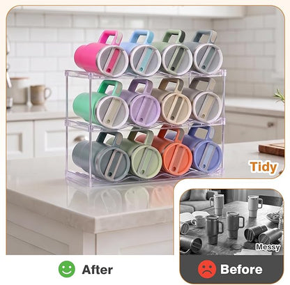 Large Compartment Water Bottle Organizer, Stackable Water Bottle Holder for Stanley 40 oz Tumbler, Clear Tumbler Organizer for Cabinet, Kitchen Pantry or Countertop, 3 Pack (3 Pack)