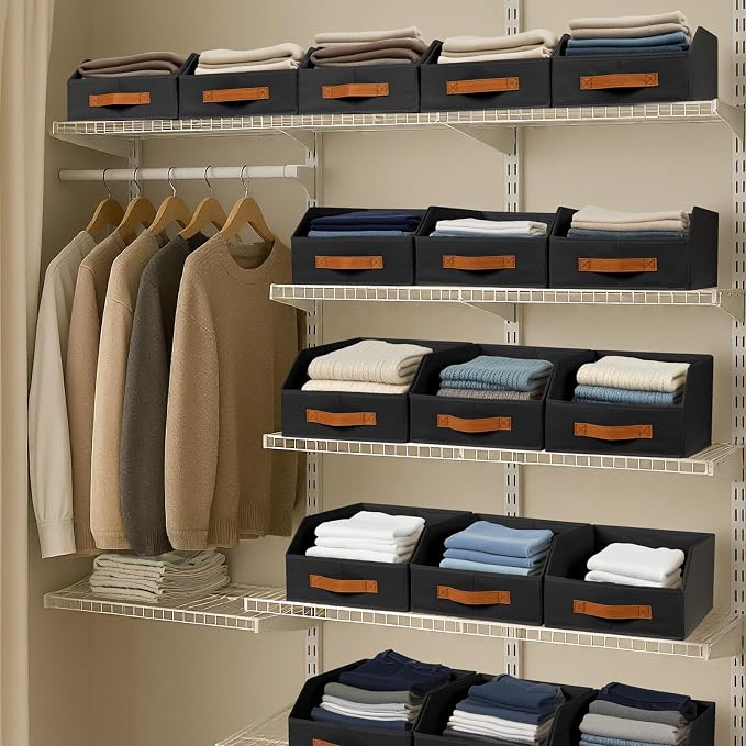 Homsorout Fabric Storage Bins for Organizing - 6 Pack Large Trapezoid Collapsible Storage Bins with Front Handle, Closet Organizers and Storage for Bedroom, Home Shelves, Small Spaces, Black