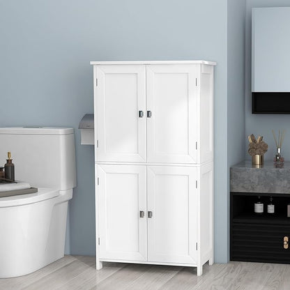 TaoHFE 2 Tier White Bathroom Storage Cabinet,Wood Bathroom Cabinets Freestanding with 4 Door Organizers Storages with Adjustable Shelves, Storage Cabinet for Living Room,Laundry Room,White