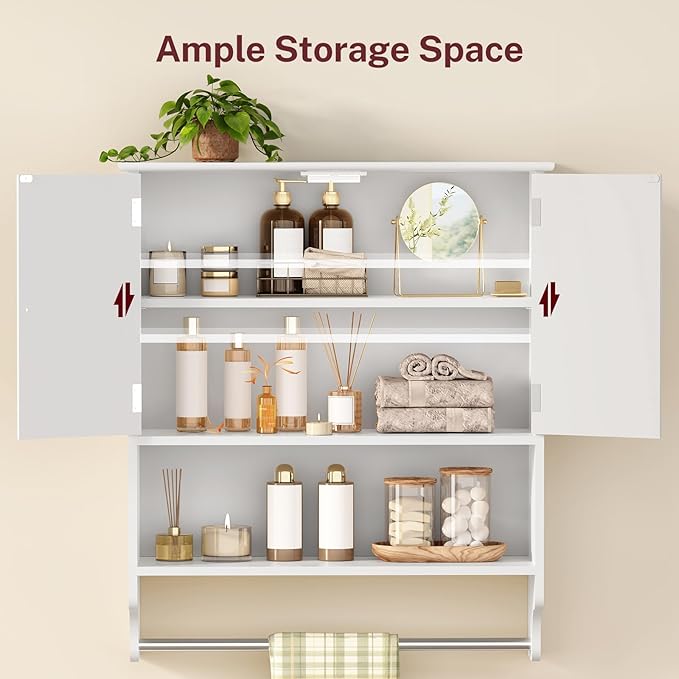 Iwell Bathroom Wall Cabinet, Over The Toilet Storage Cabinet with Towel Rack & Adjustable Shelf, Medicine Cabinet for Bathroom, White