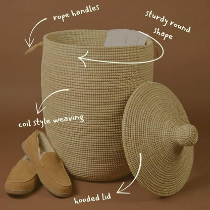 Natural Beige Laundry Basket with Hooded Lid, Bedroom Hamper, Nursery Toys Bin, Living Room Blankets Storage, Decorative, Wicker, Sturdy, Round, Handles, African, Hand Woven, Made in Senegal (Large)
