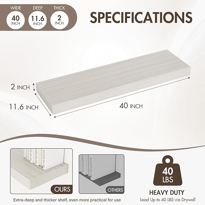 Acovy 40 Inch Floating Shelves, 12" Deep Floating Shelf Wall Mounted, 40" Wall Shelves, Rustic Deep Bookshelf, Extra Deeper & Thicker Display Shelves for Bedroom, Living Room, Gray, Set of 2
