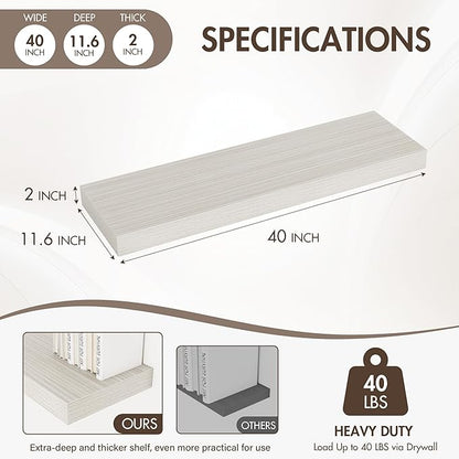 Acovy 40 Inch Floating Shelves, 12" Deep Floating Shelf Wall Mounted, 40" Wall Shelves, Rustic Deep Bookshelf, Extra Deeper & Thicker Display Shelves for Bedroom, Living Room, Gray, Set of 2