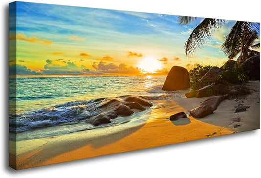 XXMWallArt FC1375 Canvas Wall Art Tropical Beach At Sunset Seascape Picture Paintings Artwork Prints Framed Ready to Hang for Home Office Bedroom Living Room Bathroom Kitchen Wall Decor