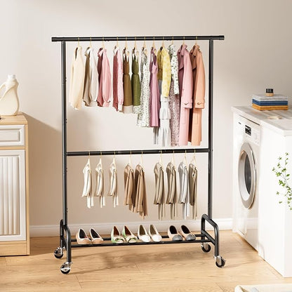 Abiglifty 2 Tier Clothes Rcks for Hanging Clothes, Heavy-Duty Clothing Rack with Wheels,150LBS Capacity, 42" W X15 D X 77" H Garment Rack with Bottom Shelf, for Bedroom, Living Room, Black