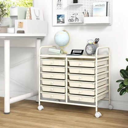 GOFLAME 12-Drawer Rolling Storage Cart, Multifunctional Art Craft Organizer Cart, Mobile Utility Storage Cart with Removable Drawers & Lockable Wheels, Craft Cart for Home Office School, White